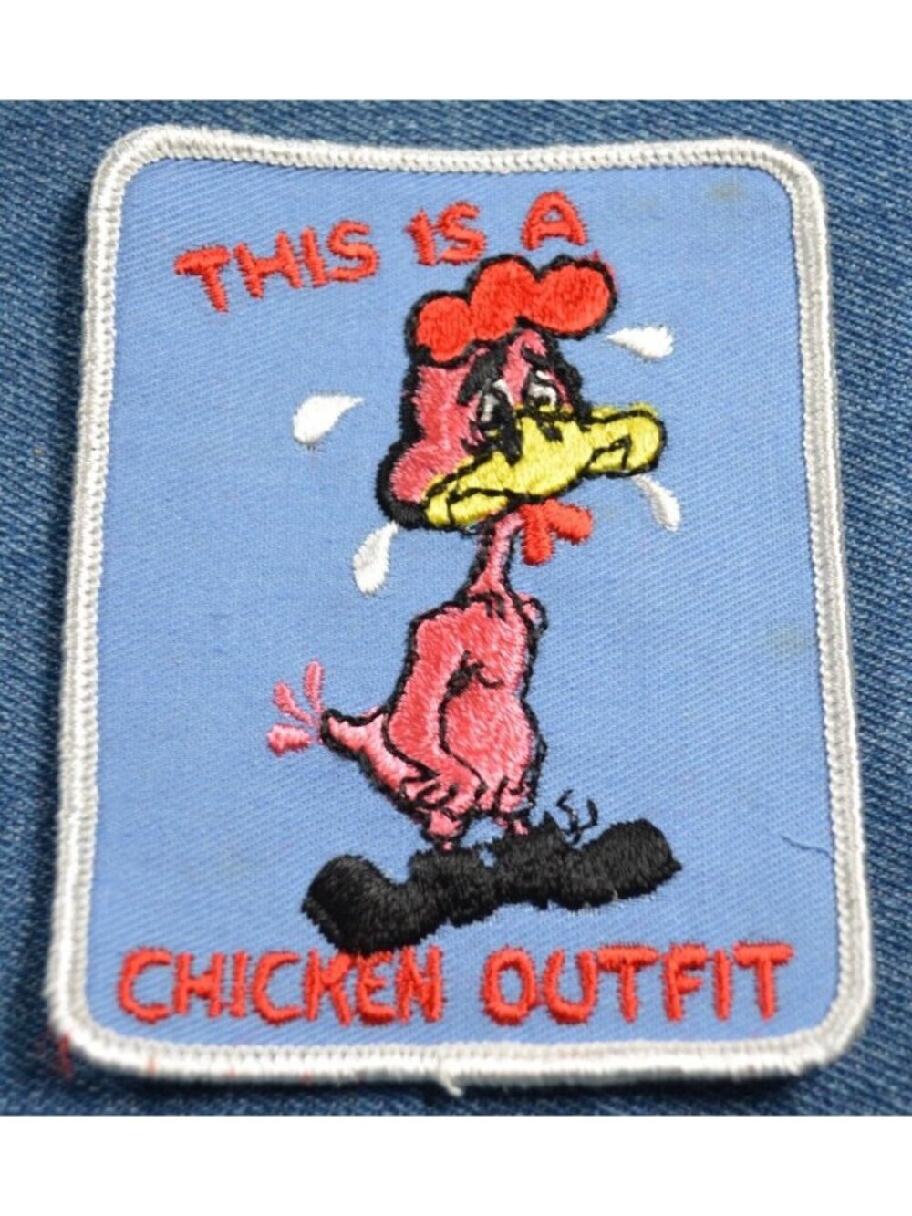 Original NOS 70s Vintage CHICKEN OUTFIT 4" Patch Funny Humor Satire Cute Goofy